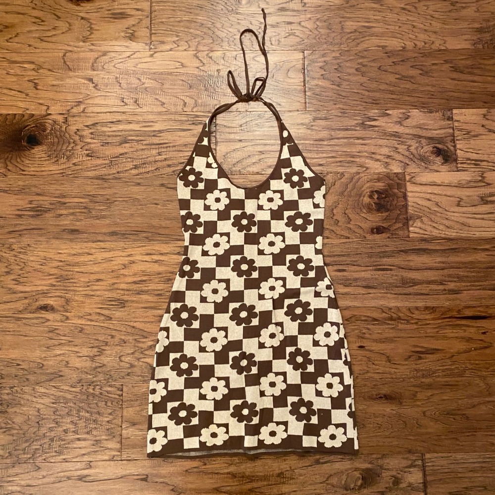 Altar'd State Halter Mini Dress Women L Brown Checkered Floral Retro Knit